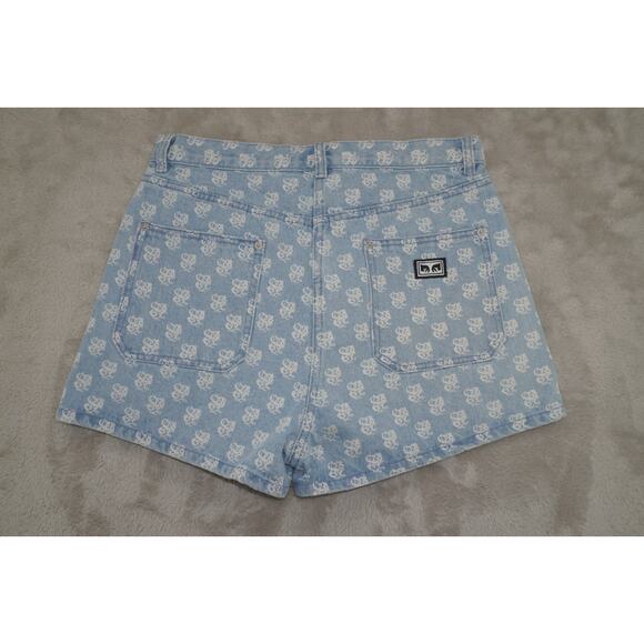 OBEY Monogram Denim Shorts Women’s 29 High Rise Blue Logo Print Streetwear Y2K - Picture 3 of 7